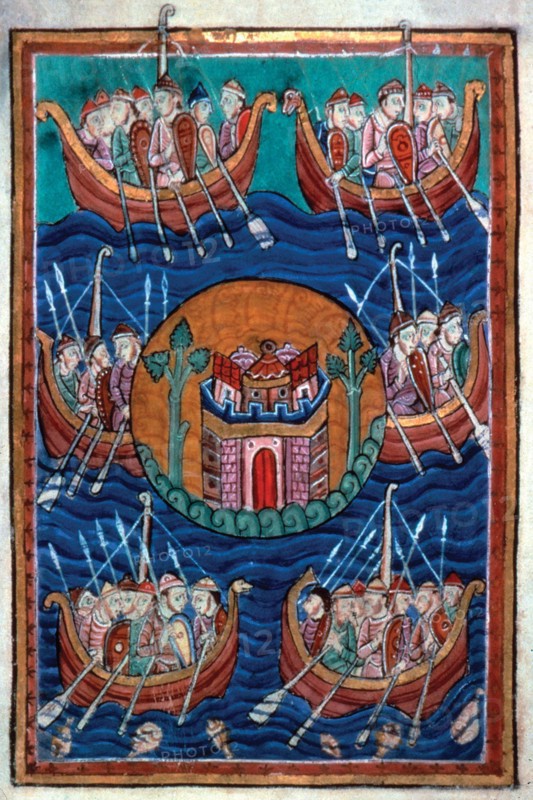 Viking ships arriving in Britain, ca 1130. Artist: Abbo of Fleury (c. 945-1004)