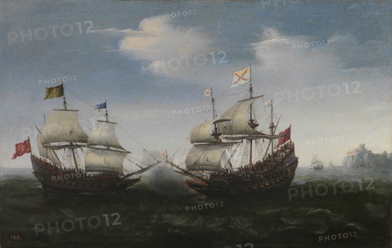 Naval combat against a rocky shore, 1627. Artist: Vroom, Hendrick Cornelisz. (1562/3-1640)