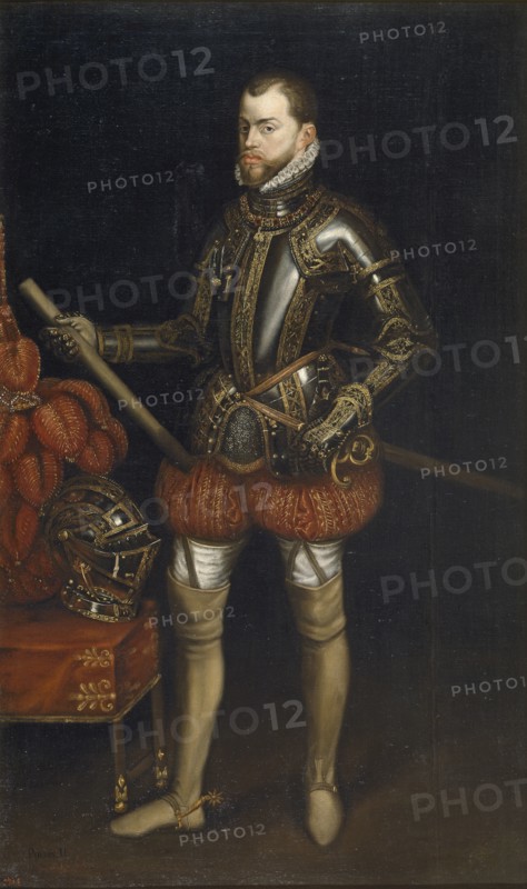 Portrait of Philip II (1527-1598) in armour from the battle of Saint Quentin, Early 17th century. Artist: Anonymous