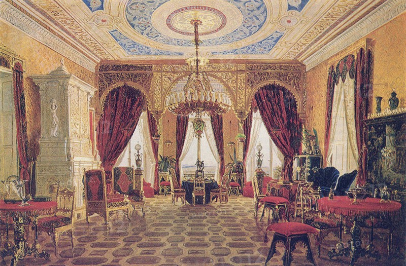 Drawing room in the Manor House Grafskaya Slavyanka of Countess Julia Samoilova, Mid of the 19th c Artist: Anonymous