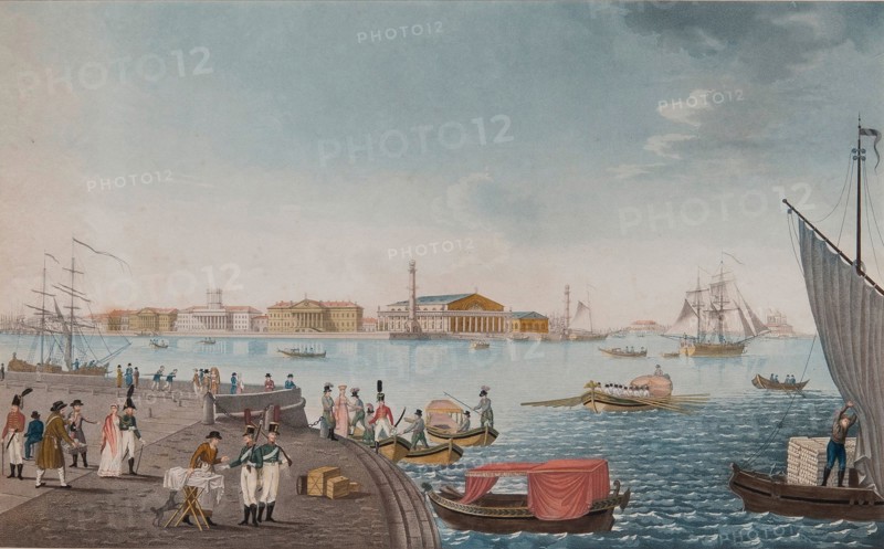 View of the Neva River and the Stock exchange in Saint Petersburg, Early 1800s. Artist: Anonymous
