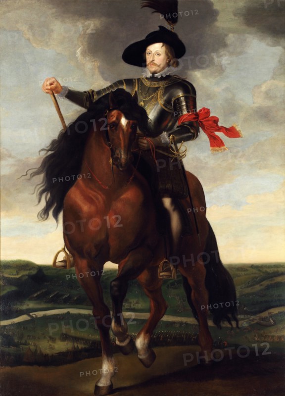 Equestrian portrait of Crown Prince Wladyslaw Vasa with the Battle of Khotyn in the background, ca 1 Artist: Rubens, Peter Paul, (School)