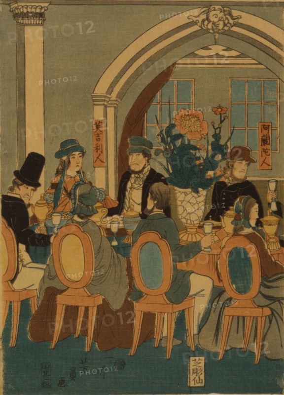 Banquet of five nations (Yokohama club), 1861. Artist: Utagawa, Yoshitomi (active 1850-1870)