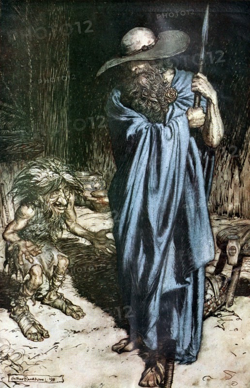 Mime and the Wanderer. Illustration for Siegfried and The Twilight of the Gods by Richard Wagner,  Artist: Rackham, Arthur (1867-1939)