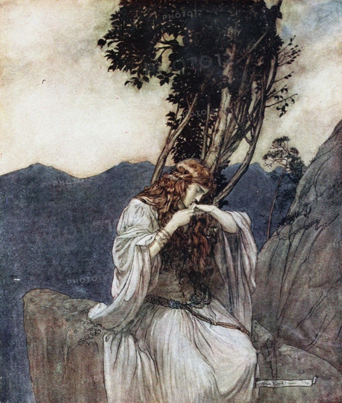 Brünnhilde kisses the ring that Siegfried has left with her. Illustration for Siegfried and The Twi Artist: Rackham, Arthur (1867-1939)