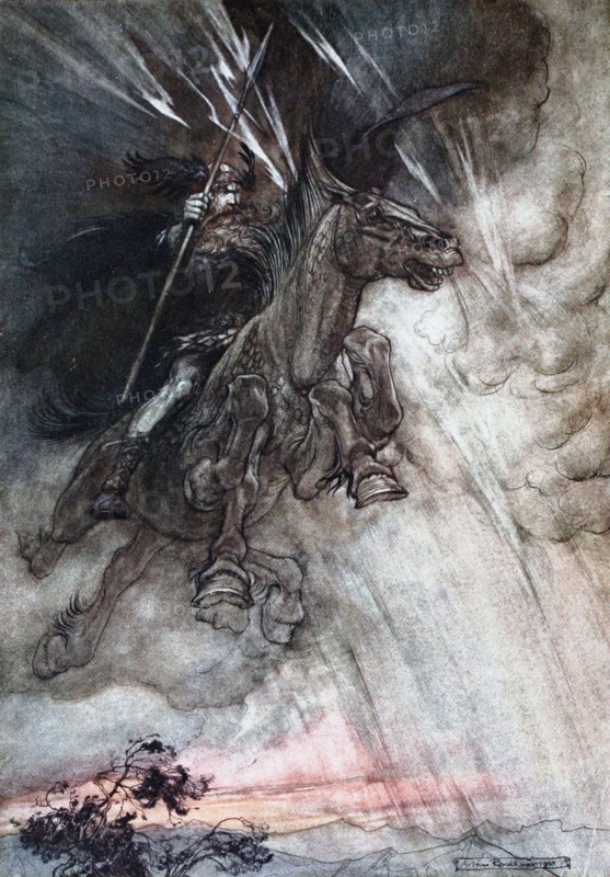 Furiously Wotan is riding to the rock. Illustration for The Rhinegold and The Valkyrie by Richard  Artist: Rackham, Arthur (1867-1939)