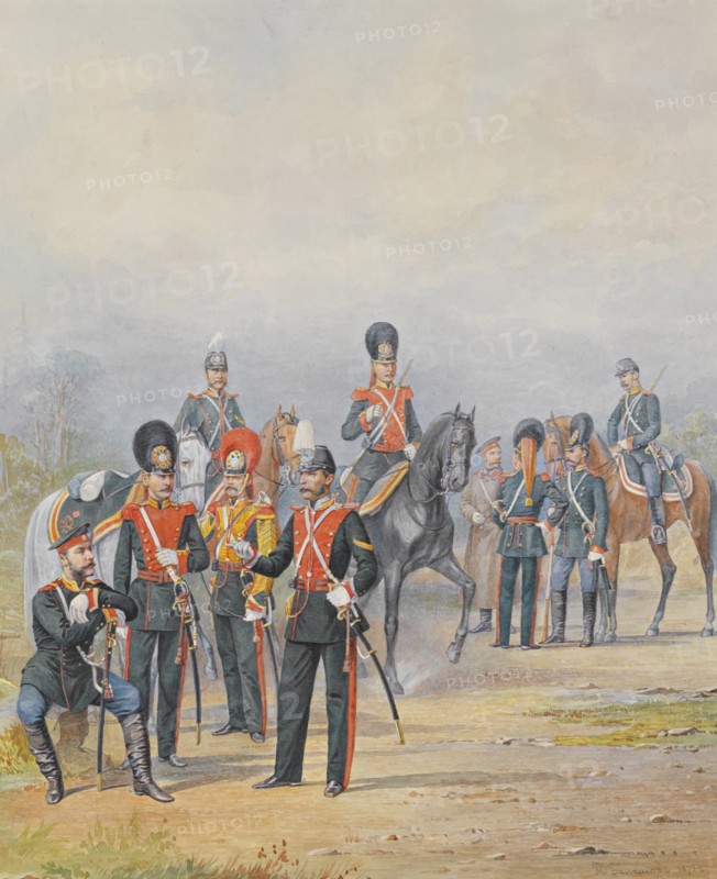 Officers and Soldiers of the Life-Guards Dragoon Regiment, 1873. Artist: Balashov, Pyotr Ivanovich (?-1888)