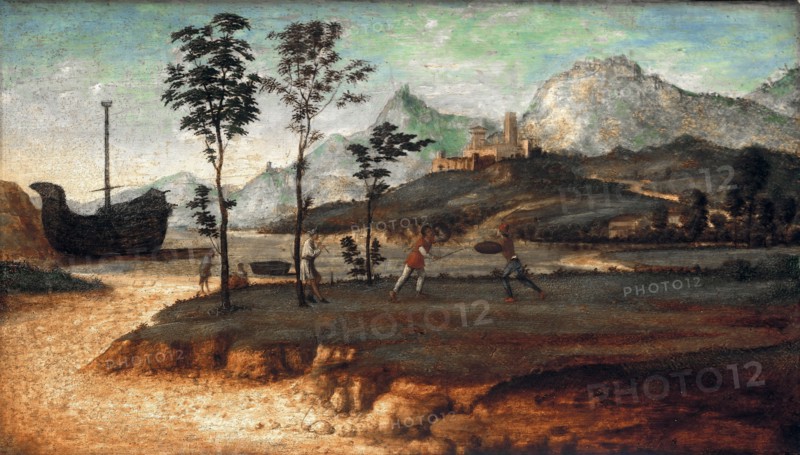 Coastal Landscape with two men fighting, c. 1510. Artist: Cima da Conegliano, Giovanni Battista (ca. 1459-1517)
