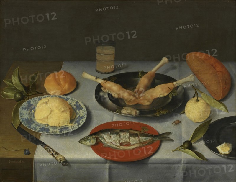 Breakfast with bread, cheese, fish and beer, c. 1615. Artist: Hulsdonck, Jacob van (1582-1647)