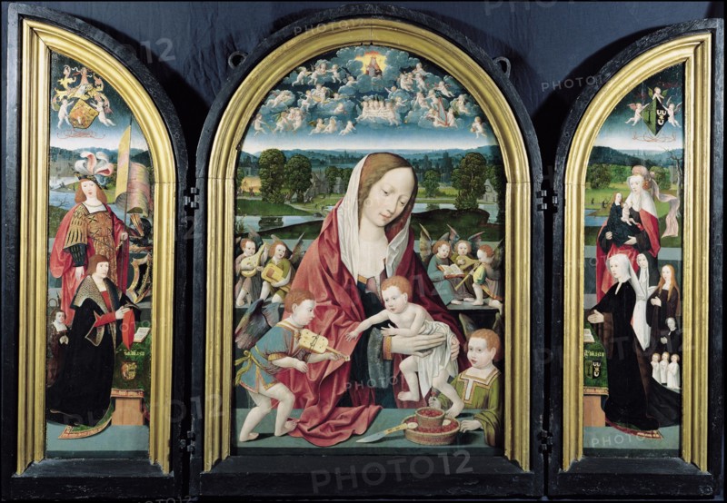 Virgin and Child with Music-Making Angels and the Sampsons-Coolen family, Triptych, 1500-1525. Artist: Cornelisz van Oostsanen, Jacob (ca. 1470-1533)