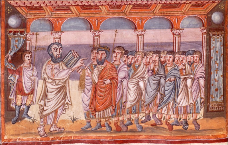 Moses receiving the tablets of law (Miniature from the Moutier-Grandval Bible), ca 830-ca 840. Artist: Anonymous