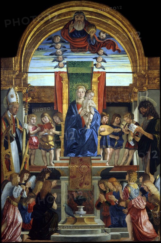 The Virgin and Child Enthroned with God the Father and Saints Hilarius and John the Baptist, 1499. Artist: Caselli, Cristoforo (ca 1460-1521)