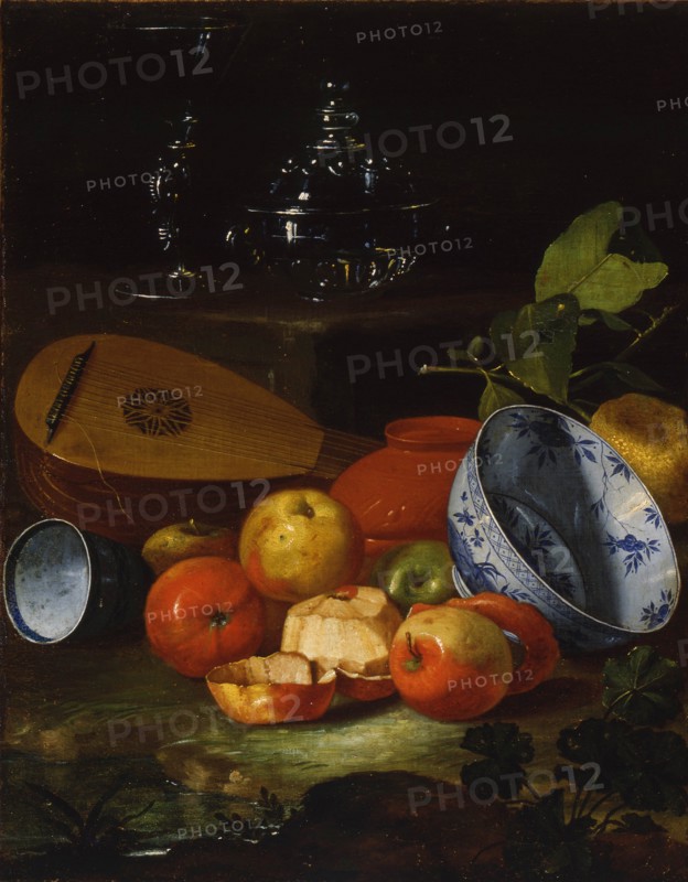 Mandolin, cup and bowl, porcelain, apples, 1706. Artist: Monari (Munari), Cristoforo (1667-1720)