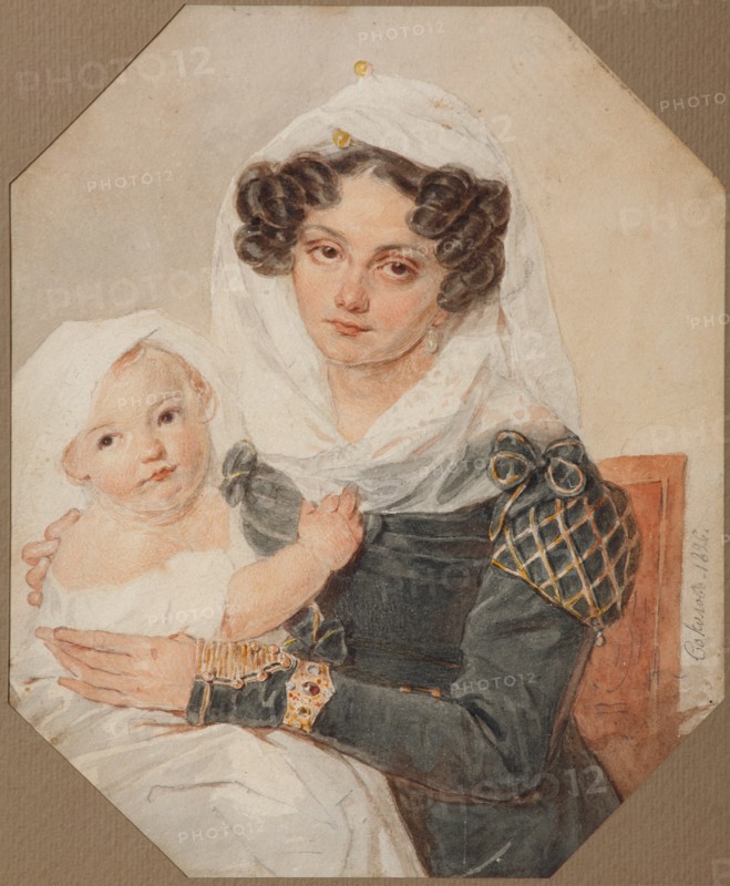 Portrait of Countess Maria Nikolayevna Volkonskaya (1805-1863) with son Nikolay, 1826. Artist: Sokolov, Pyotr Fyodorovich (1791-1848)