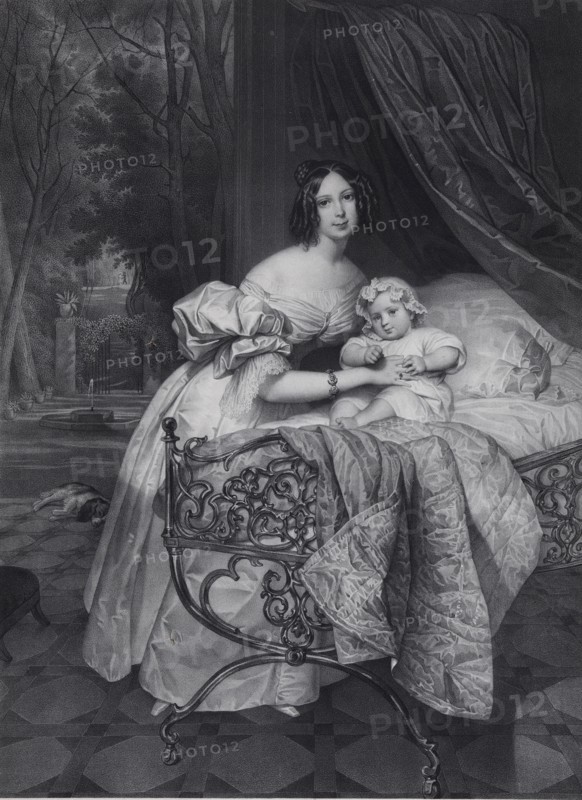 Portrait of Maria Irineevna Buteneva, née Chreptowicz (1811-1890) with Daughter Maria (1835-1905), 1 Artist: Noël, Léon (1807-1884)