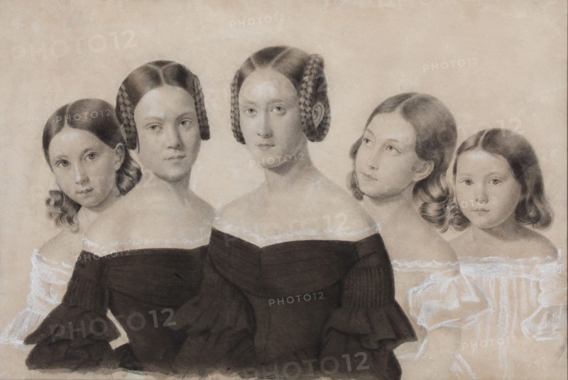 Portrait of Sisters Yelisaveta, Maria, Praskovya, Alexandra and Anna Dyakov, End 1830s. Artist: Anonymous