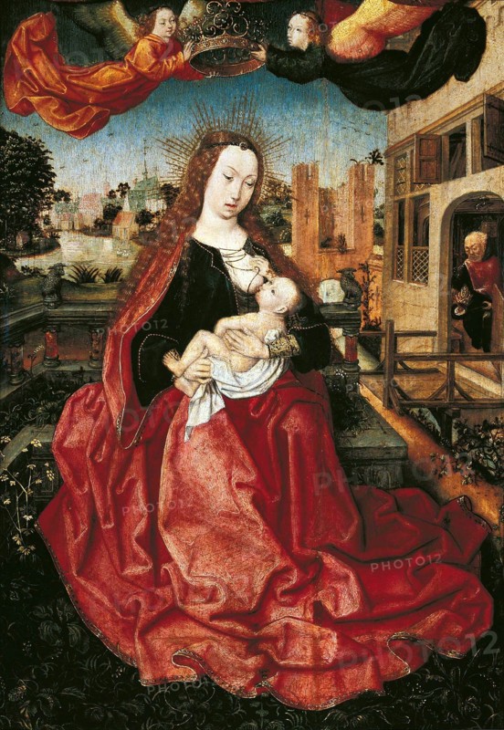 Madonna and Child crowned by two angels, 1490s. Artist: Master of Frankfurt (1460-ca. 1533)