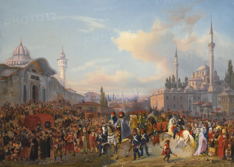 Sultan Mahmud II Leaving The Bayezid Mosque, Constantinople, 1837. Artist: Mayer, Auguste (1805-1890)