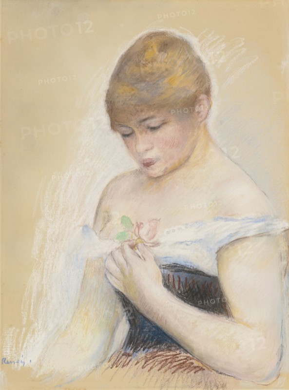 Young Woman Holding A Flower. Portrait of the actress Jeanne Samary, c. 1880. Artist: Renoir, Pierre Auguste (1841-1919)