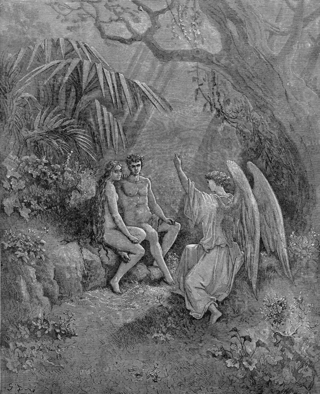 Raphael talks to Adam and Eve. Illustration for John Milton's Paradise Lost, 1866. Artist: Doré, Gustave (1832-1883)