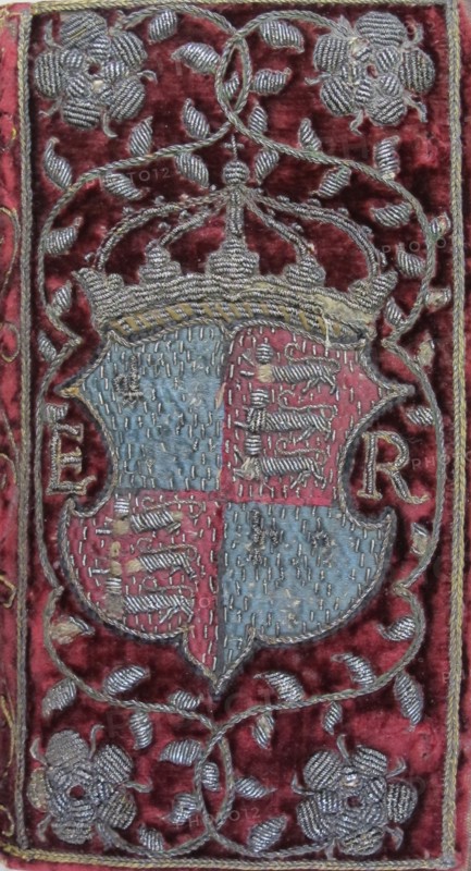Embroidered velvet binding on John Udall's Sermons with the arms of Elizabeth I, 1596. Artist: Anonymous master