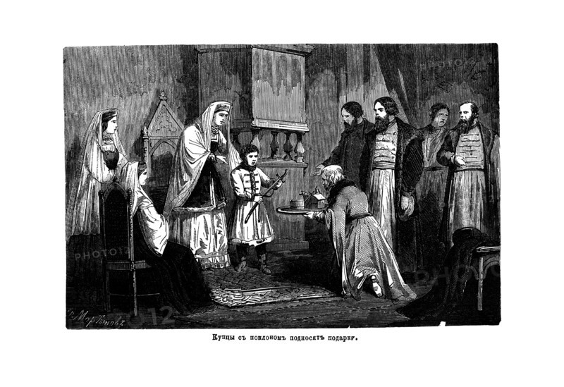 Young Peter the Great receives gifts from the merchants, 1875. Artist: Anonymous