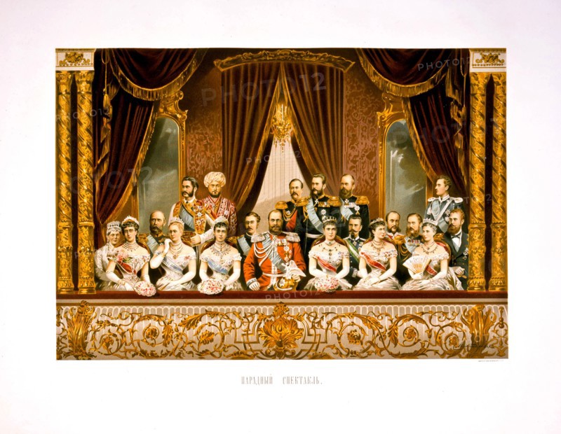 The group portrait at the Bolshoi Theater. Coronation of Empreror Alexander III and Empress Maria Fy Artist: Alexandrovsky, Stepan Fyodorovich (1843-1906)
