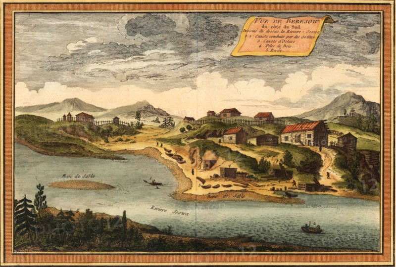 View of Beryozovo from the Sosva River, 1760. Artist: Bellin, Jacques Nicolas (1703-1772)