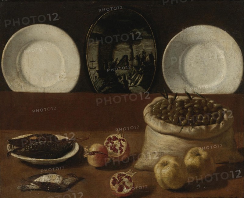 Still life with plates, a sack filled with olives, game, pomegranates, and quince. Artist: Barbieri, Paolo Antonio (1603-1649)
