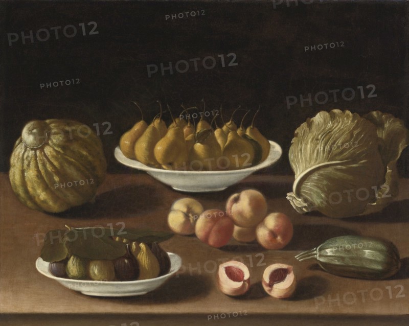Still life with pears, peaches, figs, a melon, cabbage and marrow. Artist: Barbieri, Paolo Antonio (1603-1649)