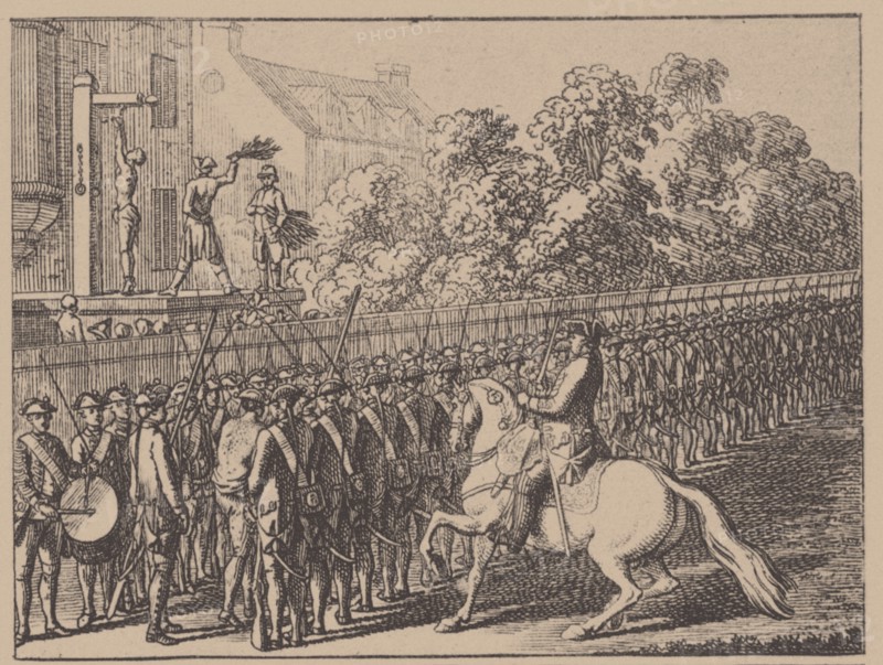 Running the gauntlet. Illustration from Elementartwerk by J.B. Basedow, 1774. Artist: Chodowiecki, Daniel Nikolaus (1726-1801)