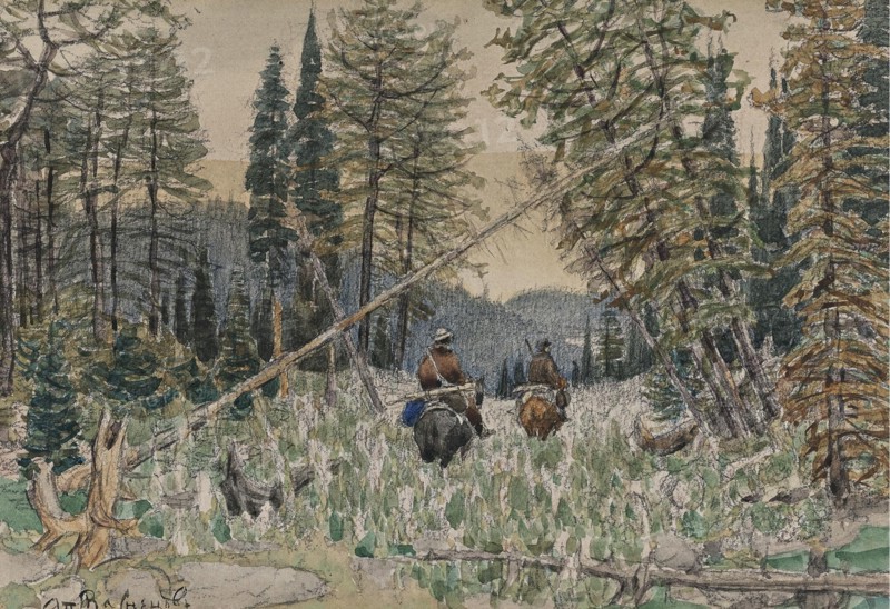 Hunters on horseback in a pine forest. Artist: Vasnetsov, Appolinari Mikhaylovich (1856-1933)