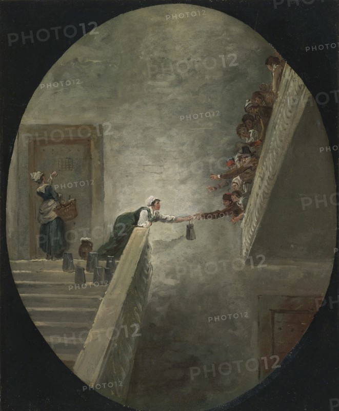 The distribution of milk at Saint-Lazare prison, ca 1794. Artist: Robert, Hubert (1733-1808)