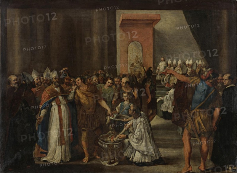 Emperor Constantine burning Arian books, 1640s. Artist: Magnone, Carlo (?-1653)