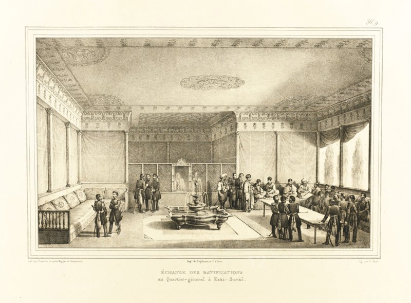 Signing of the treaty of Adrianople at the old Palace of Edirne, 1834. Artist: Desarnod, Auguste-Joseph (1788-1840)
