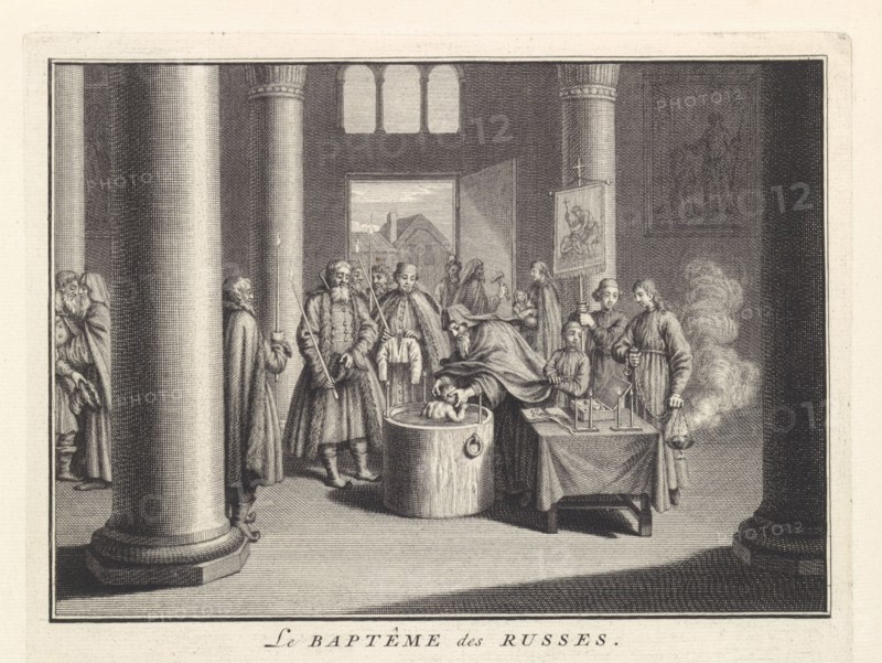 Infant Baptism in Russia, 1732. Artist: Picart, Bernard (1673?1733)