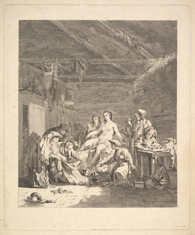 After the wedding night, the sheets must be shown. From Voyage en Sibérie, 1767. Artist: Saint-Aubin, Augustin, de (1736-1807)
