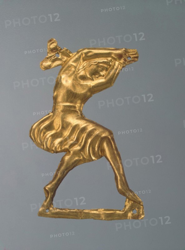 Gold plaque in the form of a dancing woman, 330-300 BC. Artist: Ancient jewelry