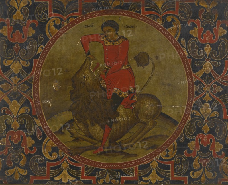 Samson Fighting the Lion, Early 18th century. Artist: Russian icon