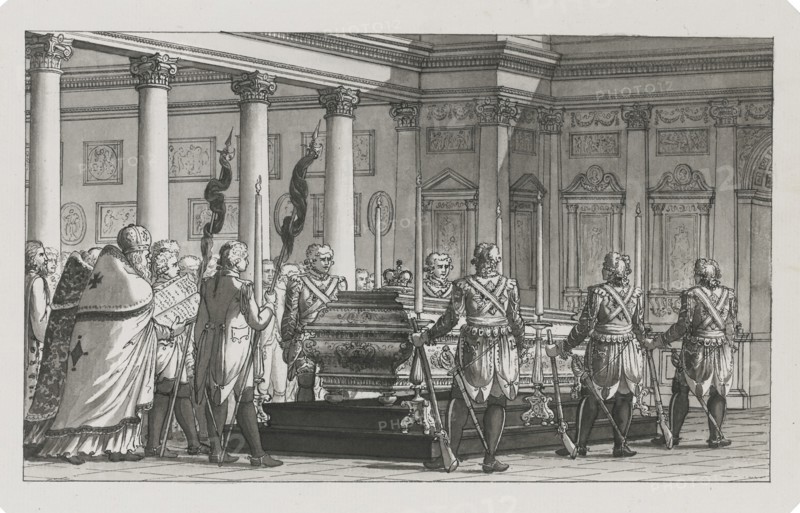The Emperor Paul I Lying in State with a guard of honour. Artist: Quarenghi, Giacomo Antonio Domenico (1744-1817)