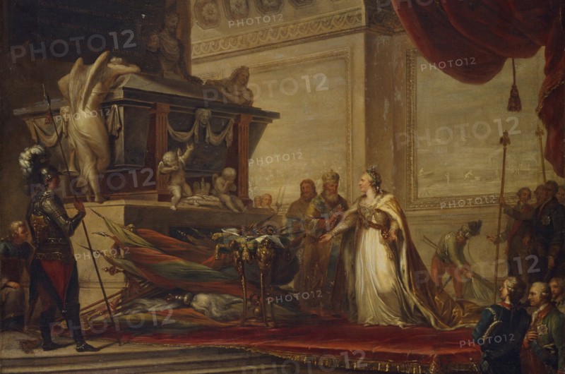 Catherine II laying the trophies of the Battle of Chesma on the tomb of Peter the Great, 1791. Artist: Hüne (Hühne), Andreas Caspar (1749-1813)
