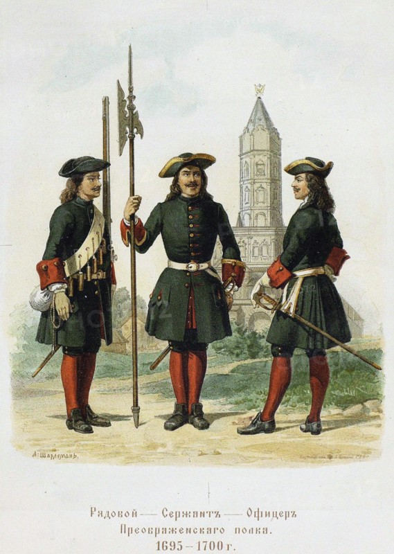 Dress uniforms of the Preobrazhensky Regiment in 1695-1700, 1901-1904. Artist: Charlemagne, Adolf (1826-1901)