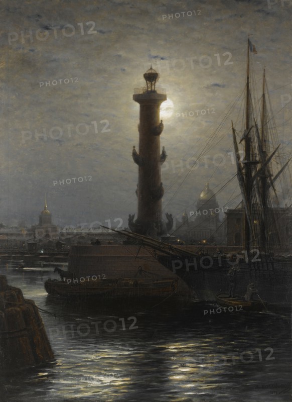 The Rostral Column near the Stock Exchange in St. Petersburg, 1878. Artist: Bogolyubov, Alexei Petrovich (1824-1896)