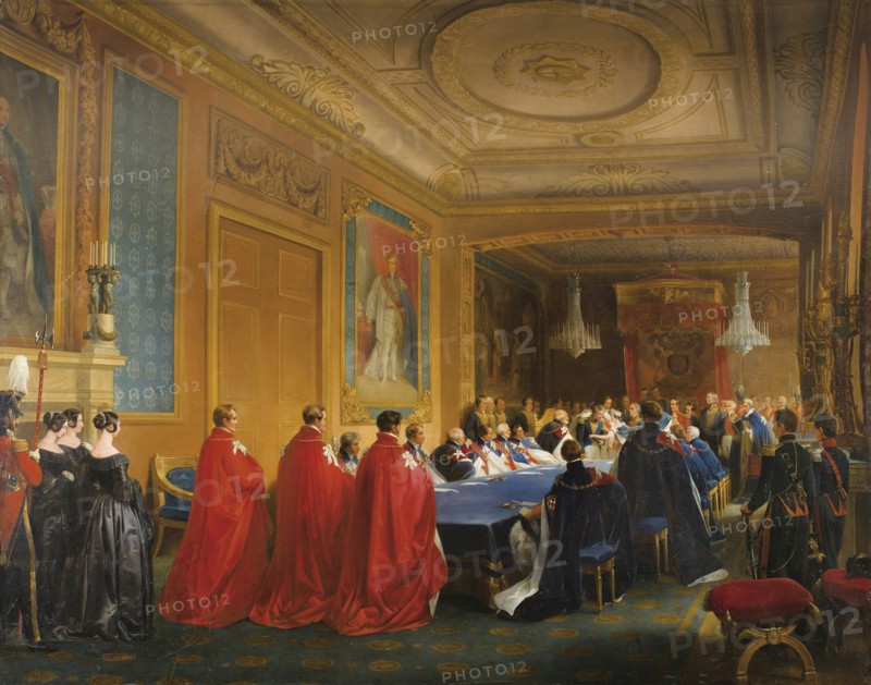 Louis-Philippe receiving the Order of the Garter from the hands of a young Queen Victoria, 1844. Artist: Gosse, Nicolas-Louis-François (1787-1878)