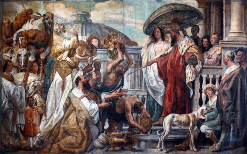 The envoys of the Caliph Harun al-Rashid offering a clock to Charlemagne, 1660. Artist: Jordaens, Jacob (1593-1678)