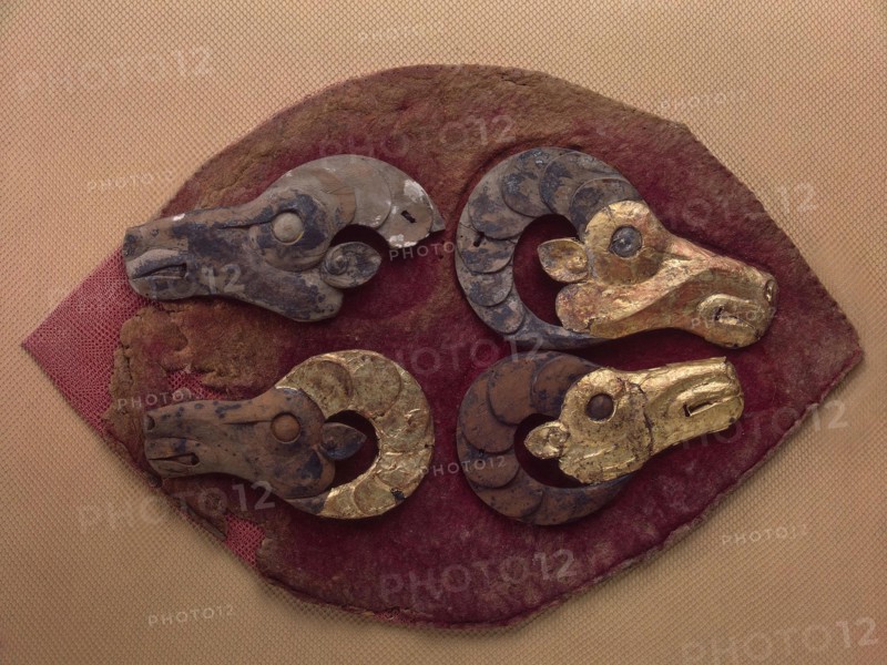 Fragment of a Felt Covering for a Saddle, with Mouflons' Heads, 6th century BC. Artist: Ancient Altaian, Pazyryk Burial Mounds