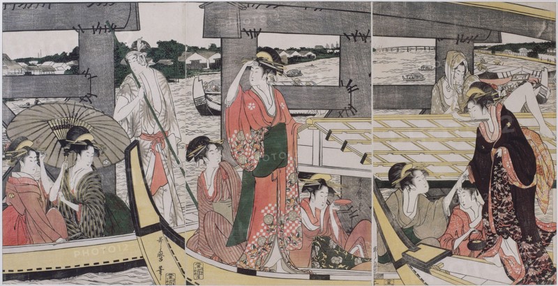 On top and beneath Ryogoku Bridge, c. 1796. Artist: Utamaro, Kitagawa (1753-1806)