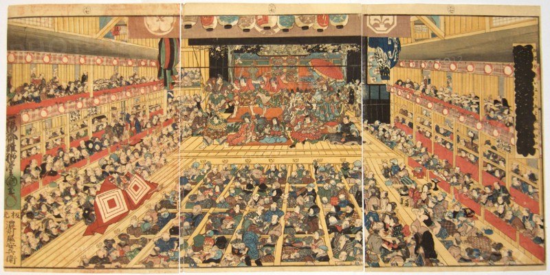 Odori-keiyo Edo-e no Sakae: Theatre interior with Shibaraku performance, 1858. Artist: Kunisada (Toyokuni III), Utagawa (1786-1865)