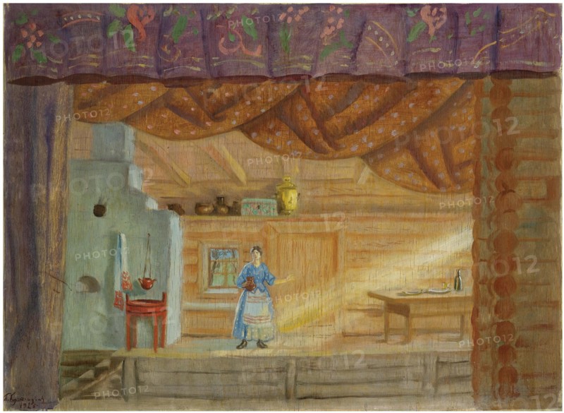 Stage design for the play Virineya by Lidia Seyfullina, 1925. Artist: Kustodiev, Boris Michaylovich (1878-1927)