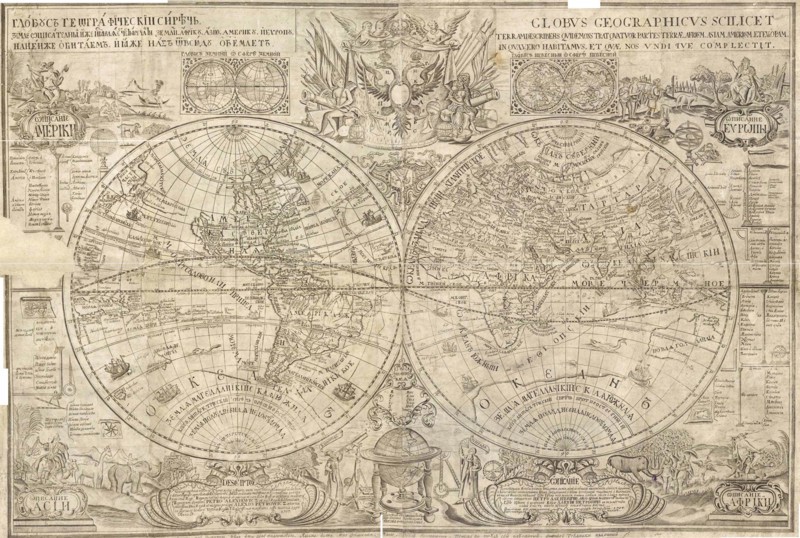 Double hemisphere map of the World, 1707. Artist: Kiprianov, Vasily Anufrievich (1669-after 1723)